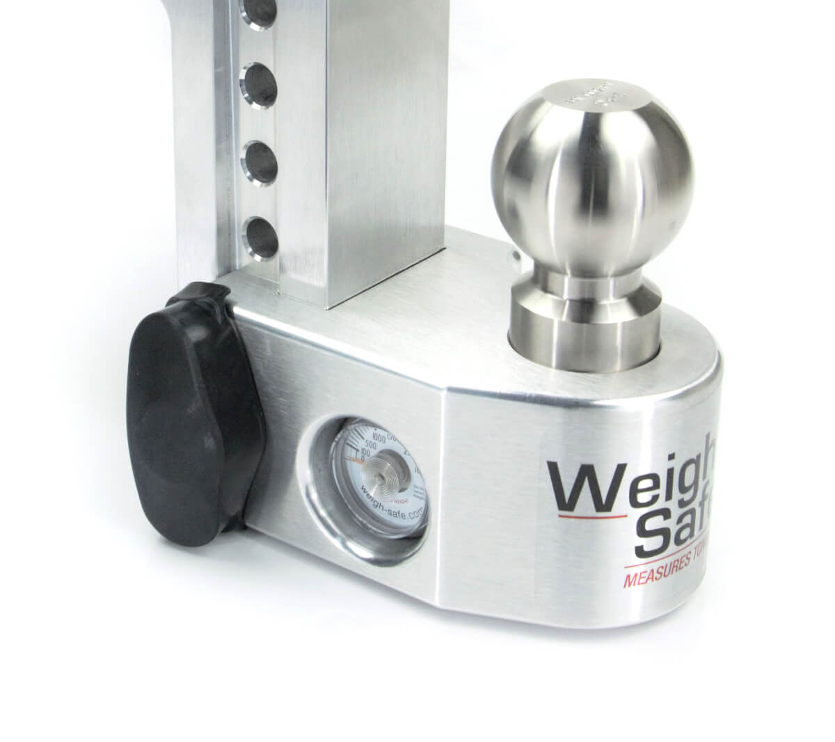 Metal Weigh Safe trailer hitch with ball and Weight Safe branding on a white background