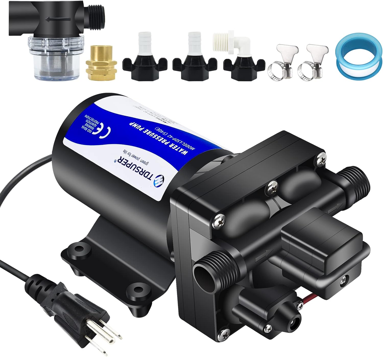 110V AC Water Diaphragm Pump – 5.5 GPM 75 PSI (Self-Priming w/ Plug)