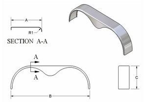 Kampco 6001-16 round steel tandem trailer fender 10-3/4 x 72 with teardrop valance — profile view
