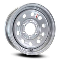 Kenda 15" x 6" silver modular steel trailer wheel – face view showing 6 on 5.5" bolt pattern, 10-hole mod design, 2,860 lb capacity
