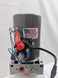 KTI DC26-S / DC-45598 12V Single Acting Hydraulic Power Unit for Dump Trailer – motor and manifold detail, power up, gravity down, 3200 PSI, 4 or 6 quart poly reservoir | AAA Trailer