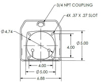 KTI 8181-14-K 14-Quart Poly Reservoir — mounting face showing 4.74" opening, 5.00" bolt circle, 4x slot pattern