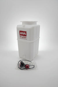 KTI 8181-6-KIT 6-Quart Poly Hydraulic Reservoir Tank Kit — complete kit contents including poly tank, drain plug assembly, O-ring, and oil level decal | AAA Trailer