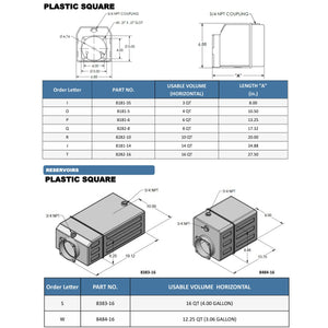 KTI 8181-series poly hydraulic reservoir spec sheet — capacity table, dimensional reference