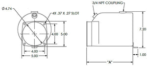 KTI 8282-10-K 10-Quart Poly Reservoir — mounting face diagram showing 4.74" opening, 4.00" bolt circle, 4x slot pattern