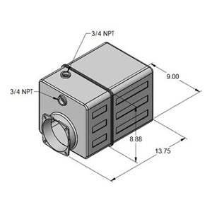 KTI 8484-16-K 12.25-Quart Poly Reservoir — isometric view showing 8484-style body (13.75" x 8.88" x 9.00"), dual 3/4 NPT ports