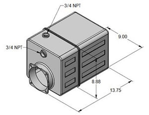 KTI 8484-16-K 12.25-Quart Poly Reservoir — isometric view showing 8484-style body (13.75" x 8.88" x 9.00"), dual 3/4 NPT ports