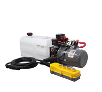 KTI DC46RA / DC-4586 Hydraulic Pump – 12V Double Acting Dump Trailer Power Unit – motor, manifold and 4-button pendant remote, full view, 3200 PSI / 1500 PSI lowering, 2.0 GPM, 6 Quart | AAA Trailer