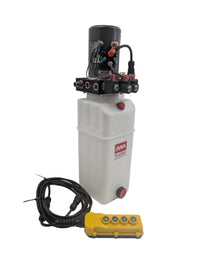 KTI DC46RA / DC-4586 Hydraulic Pump – 12V Double Acting Dump Trailer Power Unit – front product view with 4-button pendant remote, 3200 PSI / 1500 PSI lowering, 2.0 GPM, 6 Quart | AAA Trailer