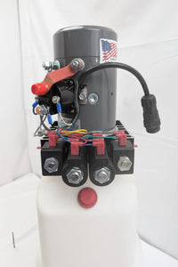 KTI DC46RA / DC-4586 Hydraulic Pump – 12V Double Acting Dump Trailer Power Unit – motor, solenoid and manifold detail, 3200 PSI / 1500 PSI lowering, 2.0 GPM, 6 Quart | AAA Trailer