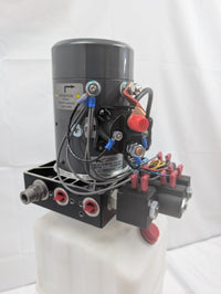 KTI DC46RA / DC-4586 Hydraulic Pump – 12V Double Acting Dump Trailer Power Unit – manifold, SAE #6 ports and valve block detail, 3200 PSI / 1500 PSI lowering, 2.0 GPM, 6 Quart | AAA Trailer