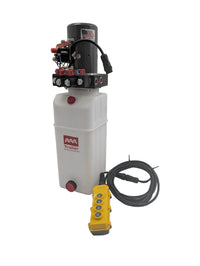 KTI DC46RA / DC-4586 Hydraulic Pump – 12V Double Acting Dump Trailer Power Unit – full unit with 4-button pendant remote, 3200 PSI / 1500 PSI lowering, 2.0 GPM, 6 Quart | AAA Trailer