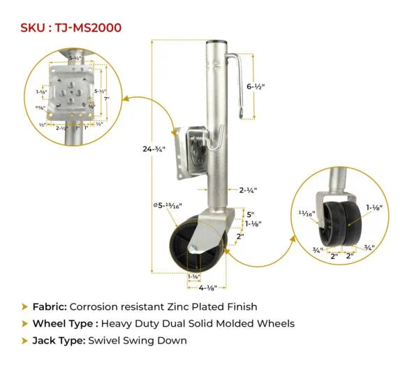 Swivel Trailer Tongue Jack with Dual Wheels, 2000 lbs Capacity