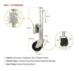 Swivel Trailer Tongue Jack with Dual Wheels, 2000 lbs Capacity