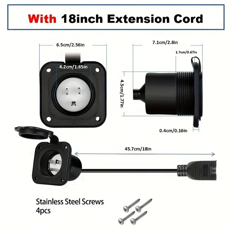 15 Amp 125V RV Power Inlet Plug – NEMA 5-15RV – 18″ Extension Cord – ETL Approved – Black