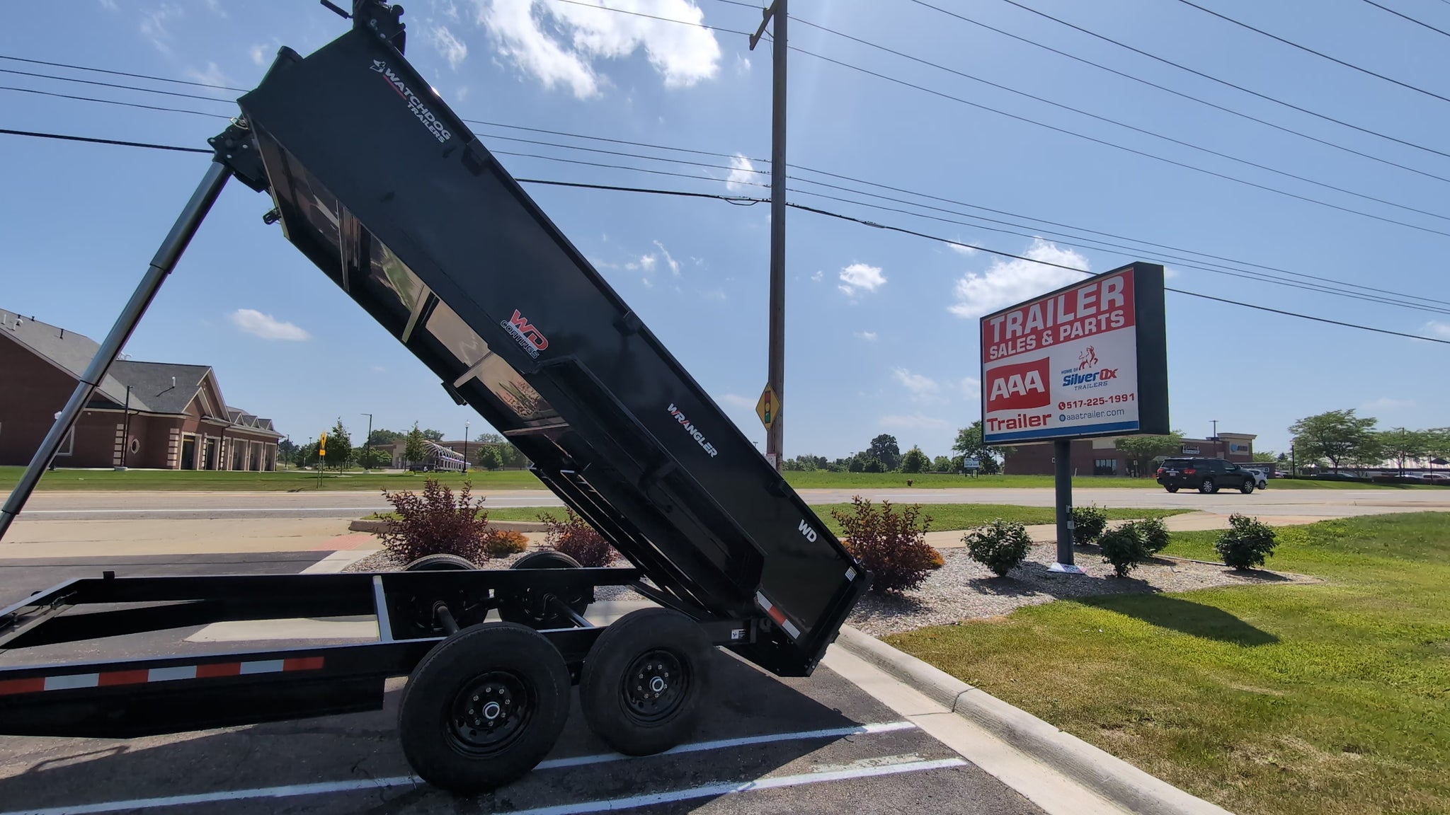 Watchdog Wrangler 7x14 dump trailer walkaround video — 14K GVWR channel-frame telescopic lift at AAA Trailer, Howell MI
