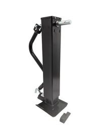 RAM 12,000 lb sidewind drop leg square trailer jack – profile view with extended mounting pin and large foot plate, black powder coat finish