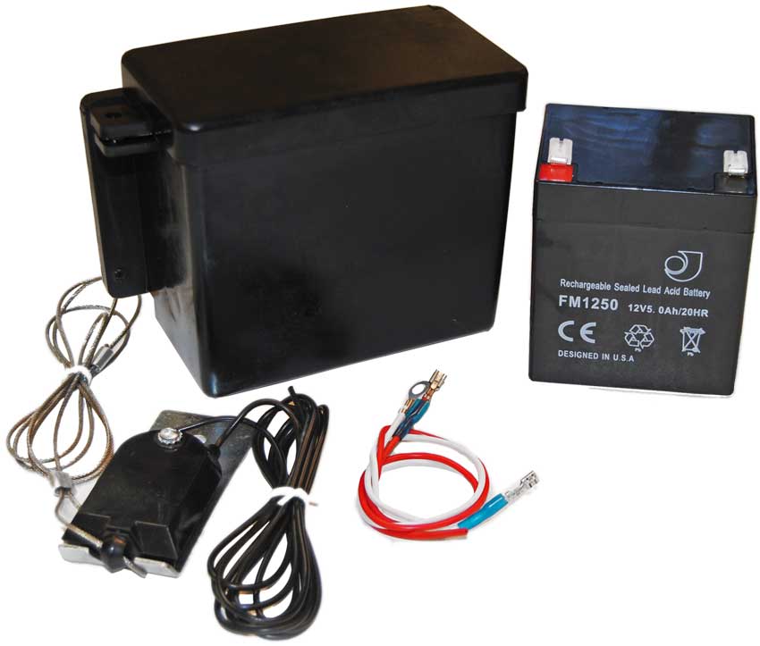 Battery box, battery, and wiring kit on a white background