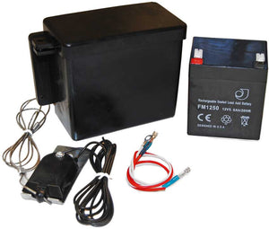 Battery box, battery, and wiring kit on a white background