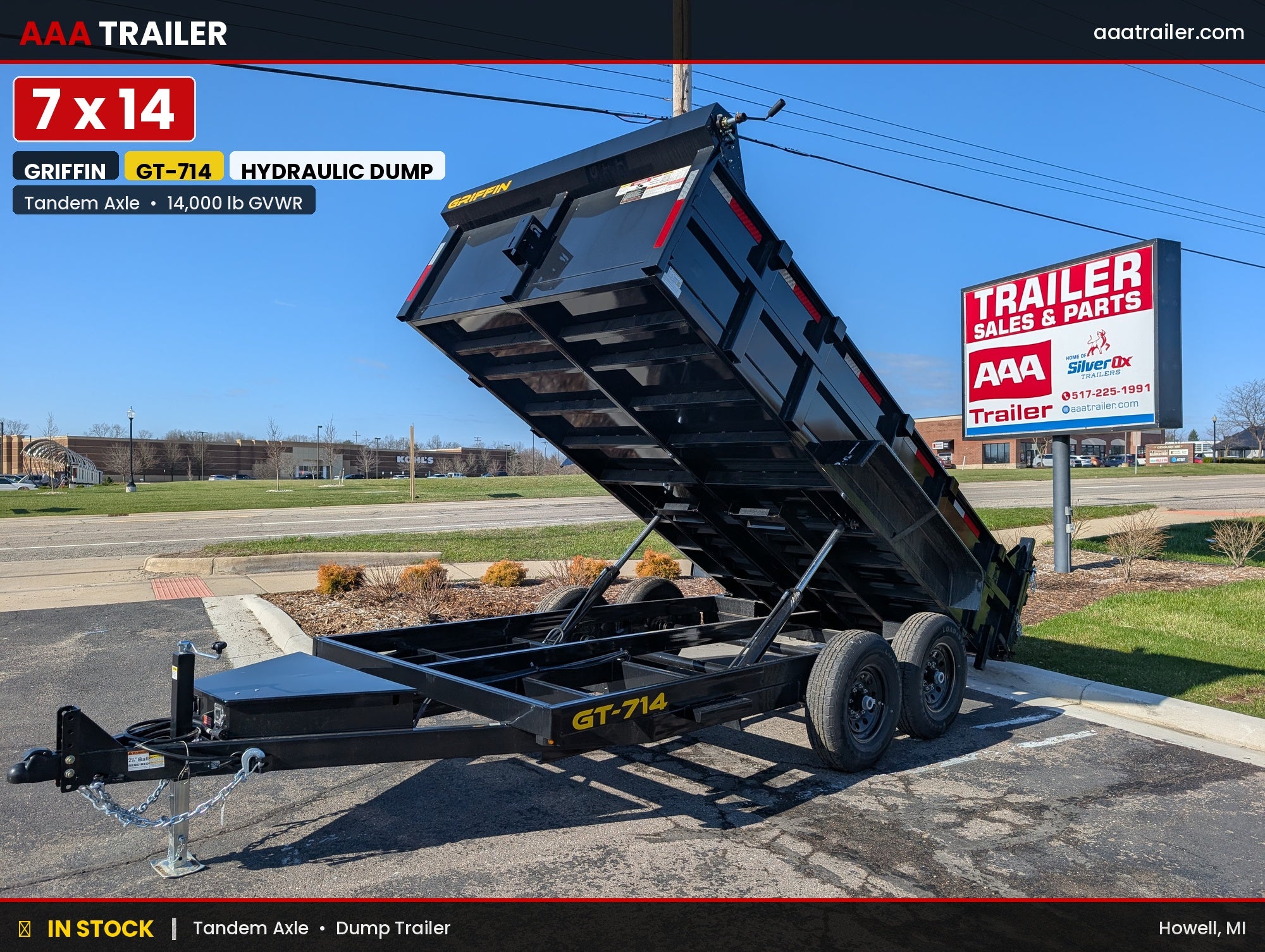 Griffin 7X14 Tandem Dump Trailer with Tarp Kit, Battery Charger, Drop Leg Jack