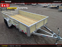 Silver Ox 6x12 Woody Woodside Aluminum Utility Trailer with Bi-Fold Folding Ramp Gate — product overview showing 3-board wood sides and aluminum frame | AAA Trailer