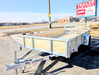Silver Ox 7x14 aluminum trailer - exterior side view showing 18 inch wood side rails
