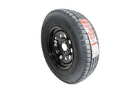 ST205/75R15 trailer tire and black steel wheel - tread and Load Range D sidewall close-up | AAA Trailer