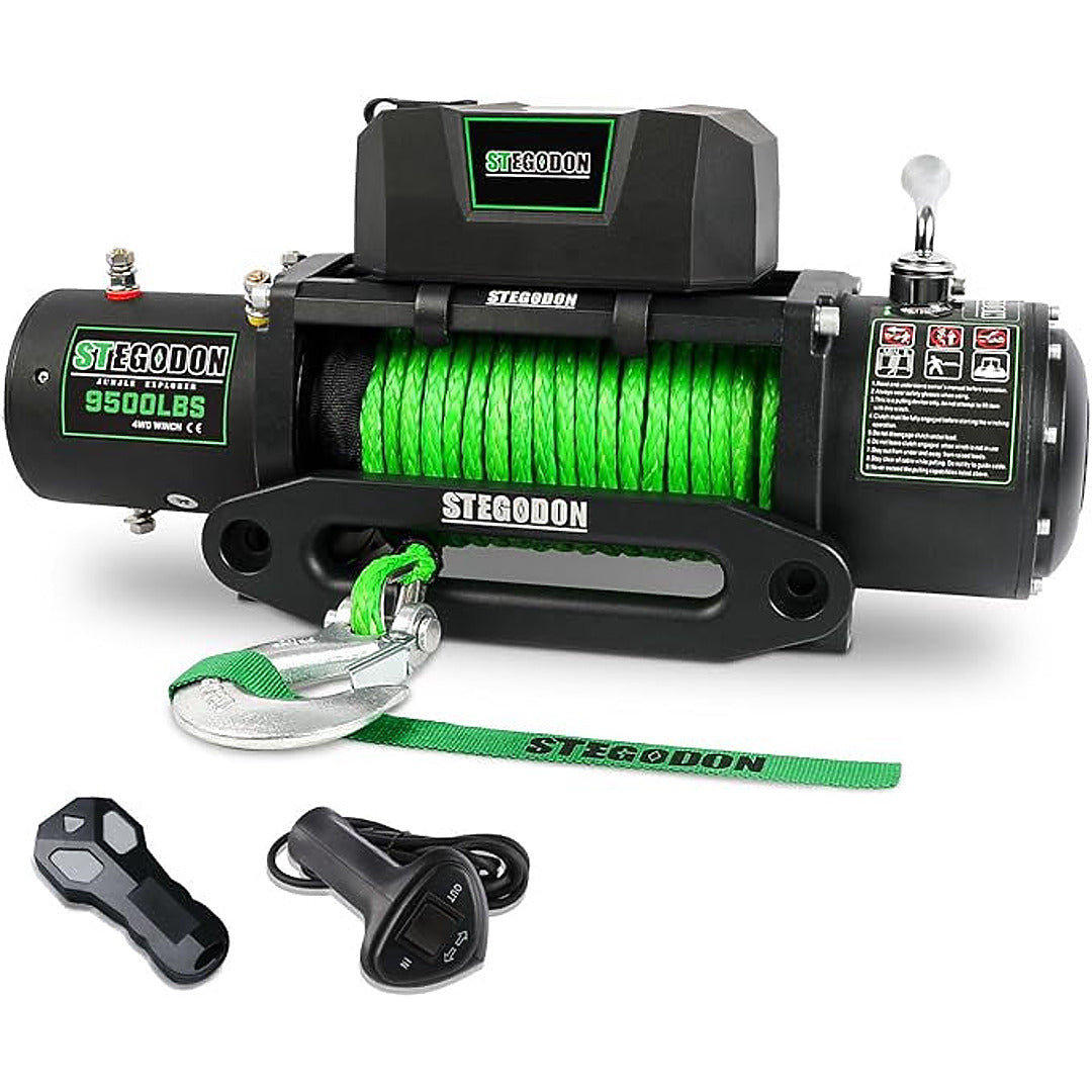 Winch 9500lb Winch 12V Waterproof Electric Winch Synthetic Rope Winch with Wireless Remote and Corded Control for Truck SUV Jeep Wrangle (Green Rope)