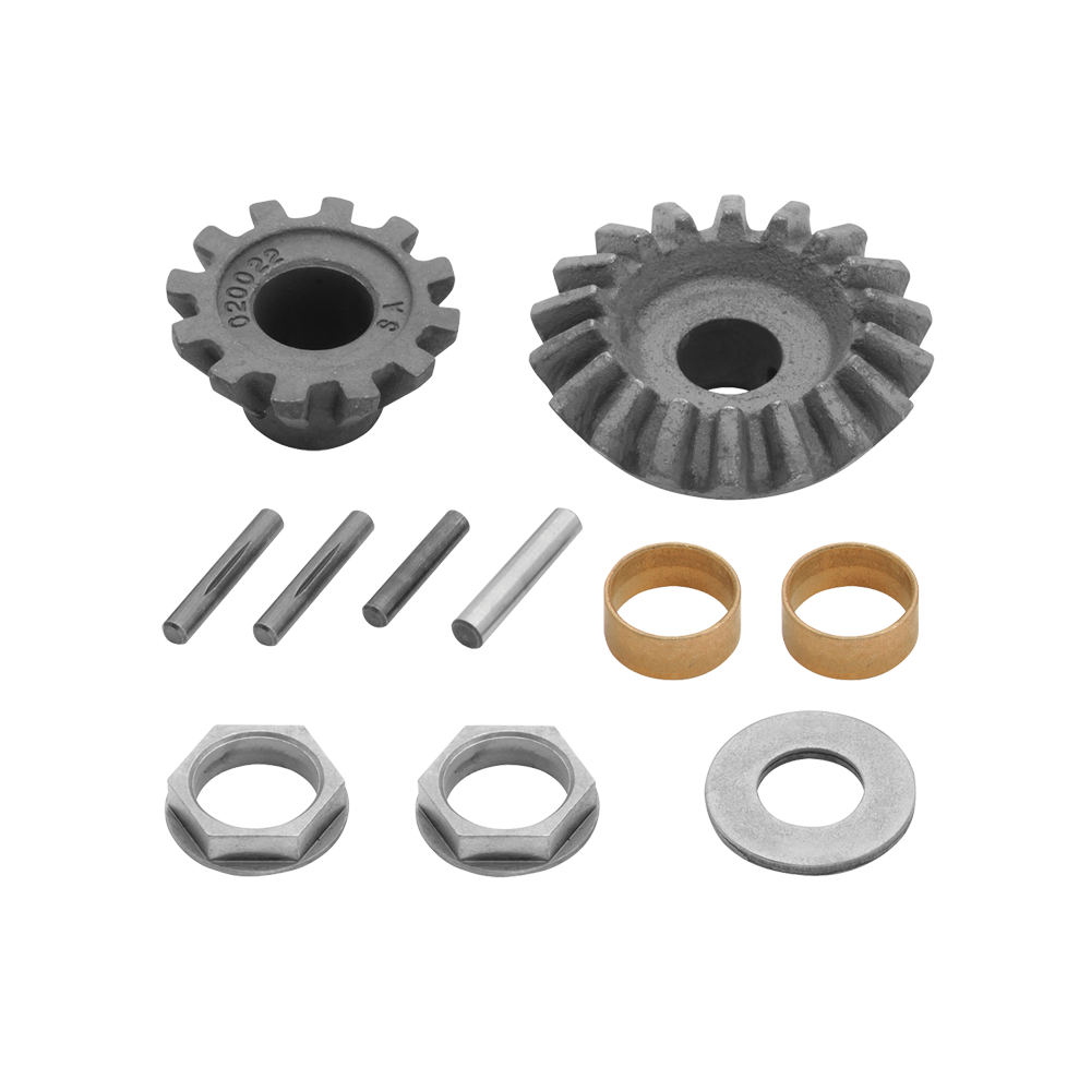 Bulldog 500212 sidewind jack gear set laid out on white - 12-tooth bevel pinion gear, large bevel gear, four straight pins, two bronze hex bushings, two hex nuts and steel wear plate, for 180 Series square tube trailer jacks | AAA Trailer