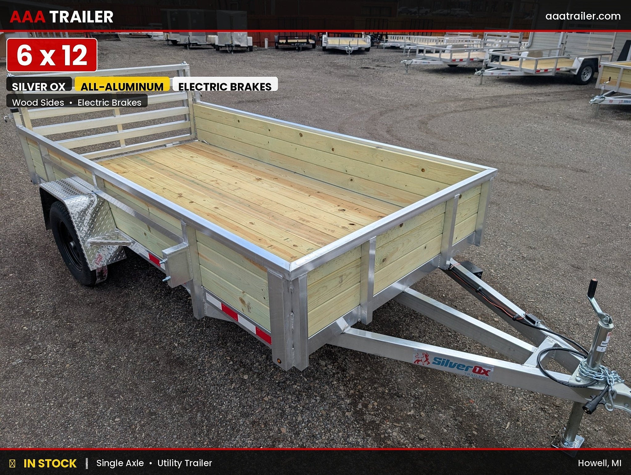 Silver Ox 6x12 Woody Woodside Aluminum Utility Trailer with Bi-Fold Folding Ramp Gate — product overview showing 3-board wood sides and aluminum frame | AAA Trailer
