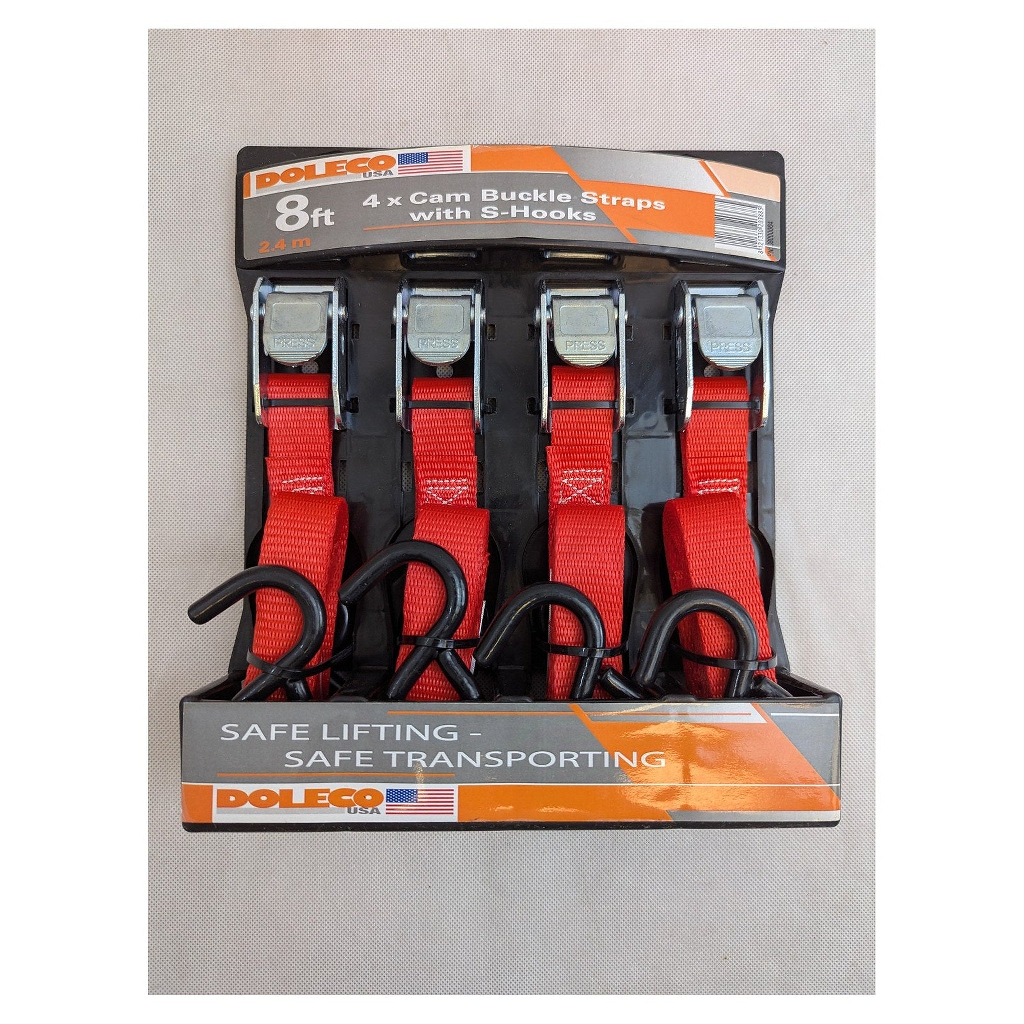 Doleco USA Tie-Down Cam Buckle Strap 1" x 8' Lashing Strap (Pack of 4) - full product view | AAA Trailer
