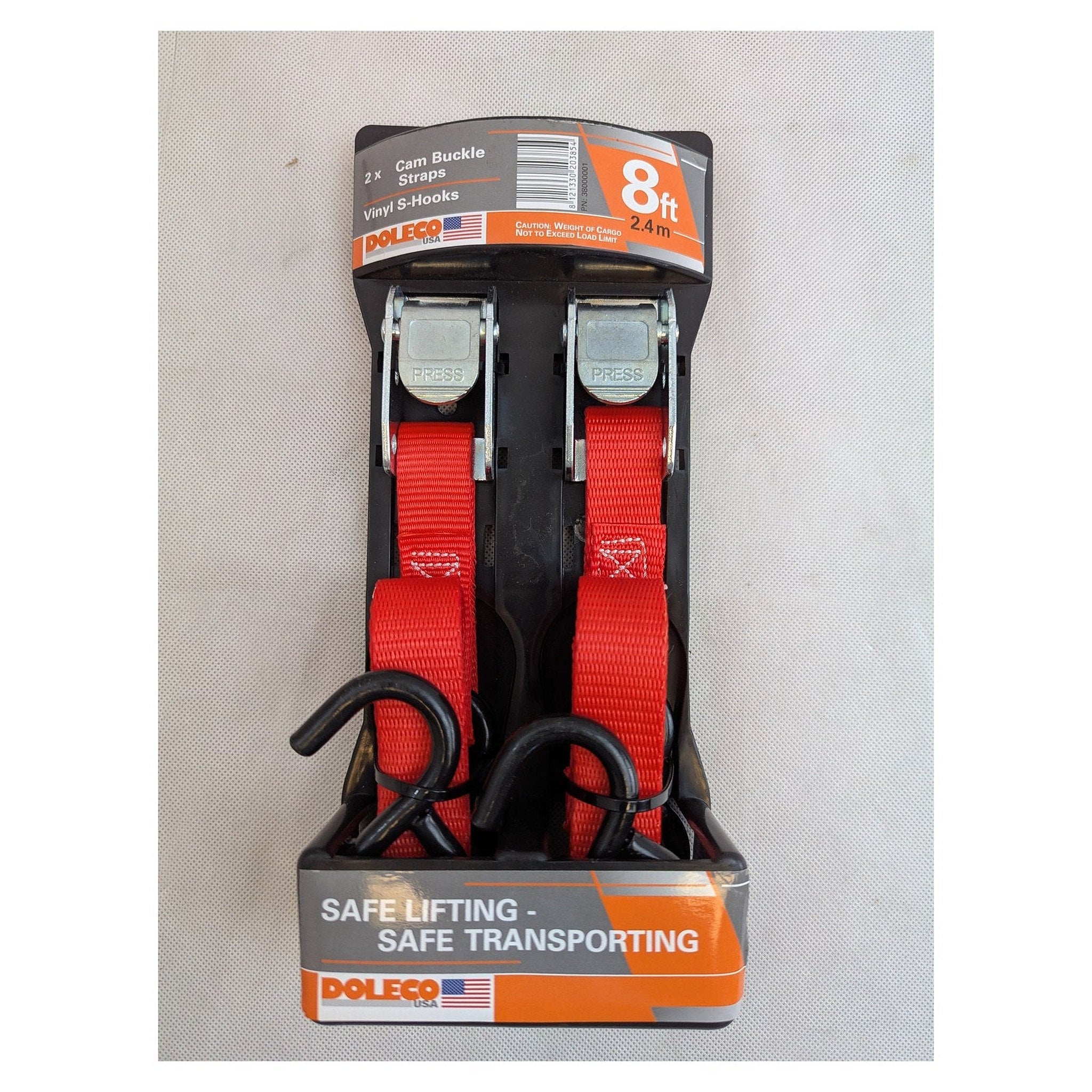 Doleco USA Tie-Down Cam Buckle Strap 1" x 8' Lashing Strap (Pack of 2) - full product view | AAA Trailer