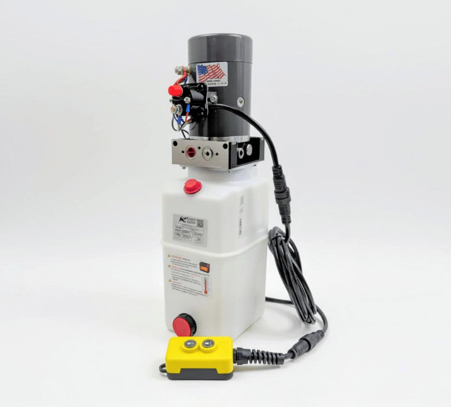 KTI DC26-S / DC-45598 12V Single Acting Hydraulic Power Unit for Dump Trailer – full product view with remote pendant, power up, gravity down, 3200 PSI, 4 or 6 quart poly reservoir | AAA Trailer