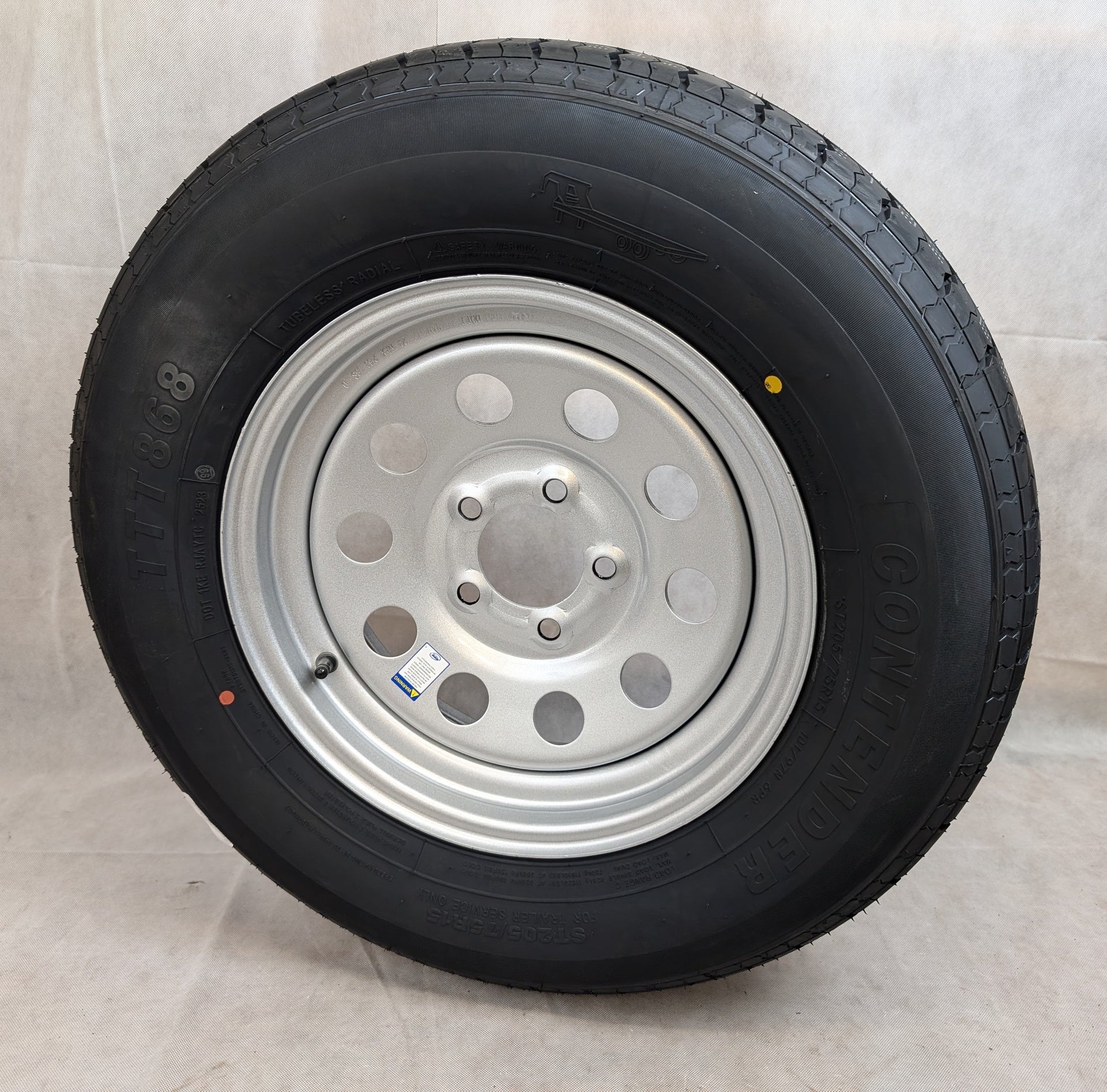 Taskmaster Contender 205/75R15 Tire on Vesper 5-Lug Gray Steel Wheel - 1820 lbs, 50 PSI, 5x4.5 - full product view | AAA Trai