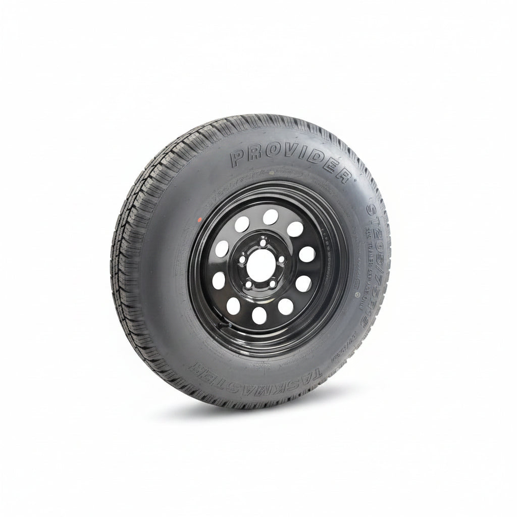 Taskmaster Provider ST205/75R15 radial trailer tire on 15in black steel modular wheel, 5 lug | AAA Trailer