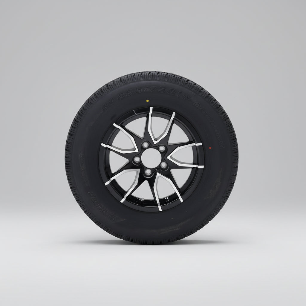 Taskmaster Trinity Aluminum Trailer Wheel & Rambler ST205/75R15 Tire – Load Range C (6 Ply) | 15" Premium Combo - 1,820 lb, 5