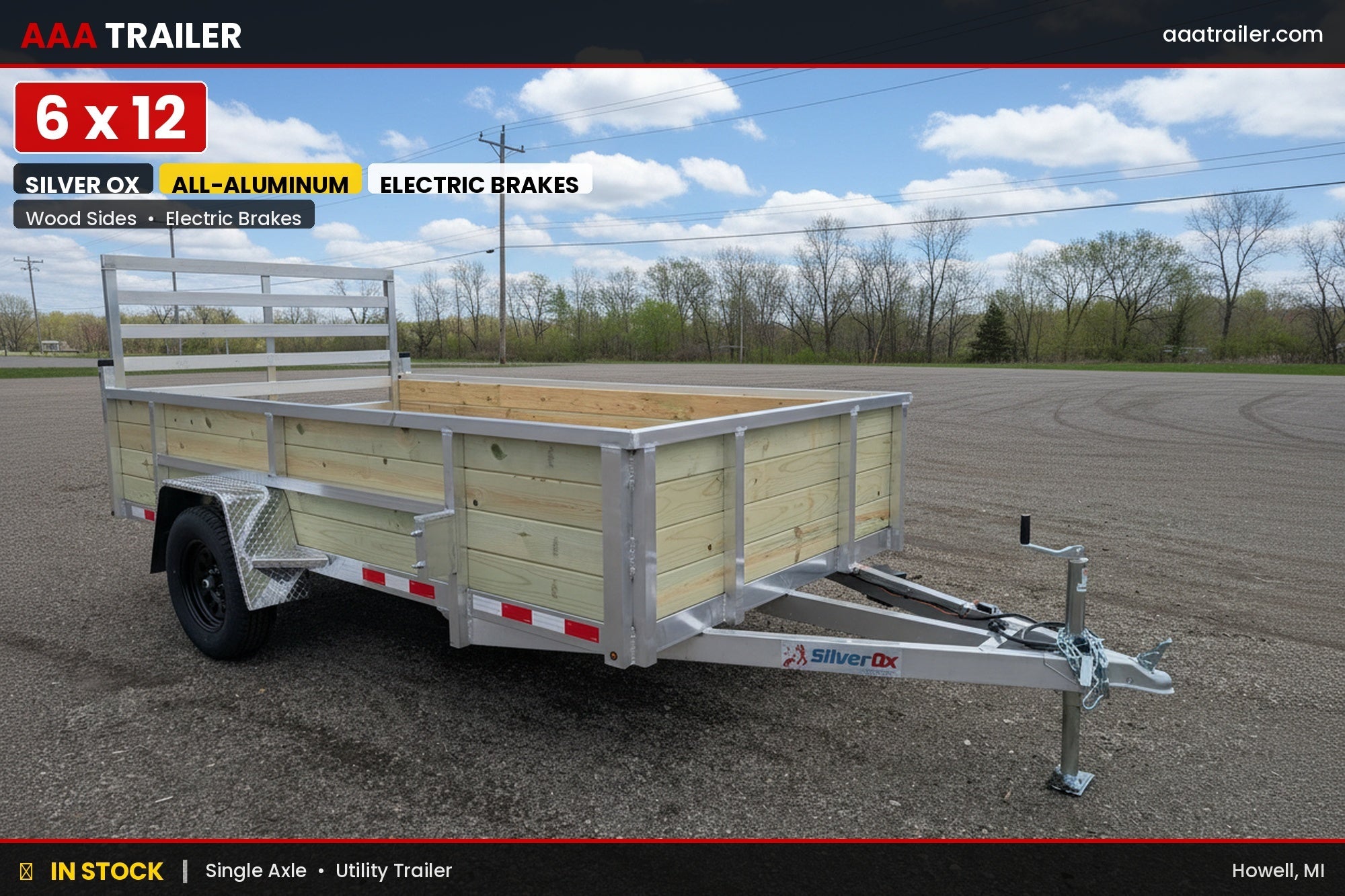 Silver Ox 6x12 Aluminum Utility Trailer – 24” Sides | Ramp Gate | ELECTRIC BRAKES - 2,715 lb, 6x12 - full product view | AAA 