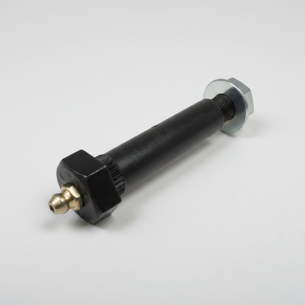 TruRyde FA-7-187 greasable shackle bolt with 7/16" flanged lock nut – single, showing brass zerk grease fitting and step-down 9/16" to 7/16" shoulder