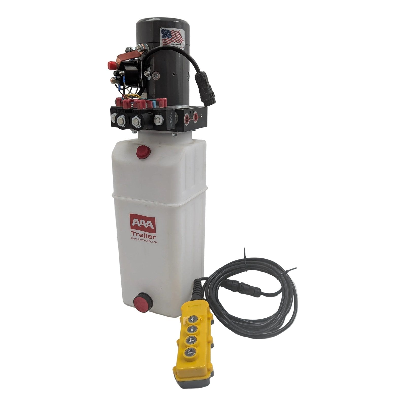 KTI DC46RA / DC-4586 Hydraulic Pump – 12V Double Acting Dump Trailer Power Unit – full unit with 4-button pendant remote, 3200 PSI / 1500 PSI lowering, 2.0 GPM, 6 Quart | AAA Trailer