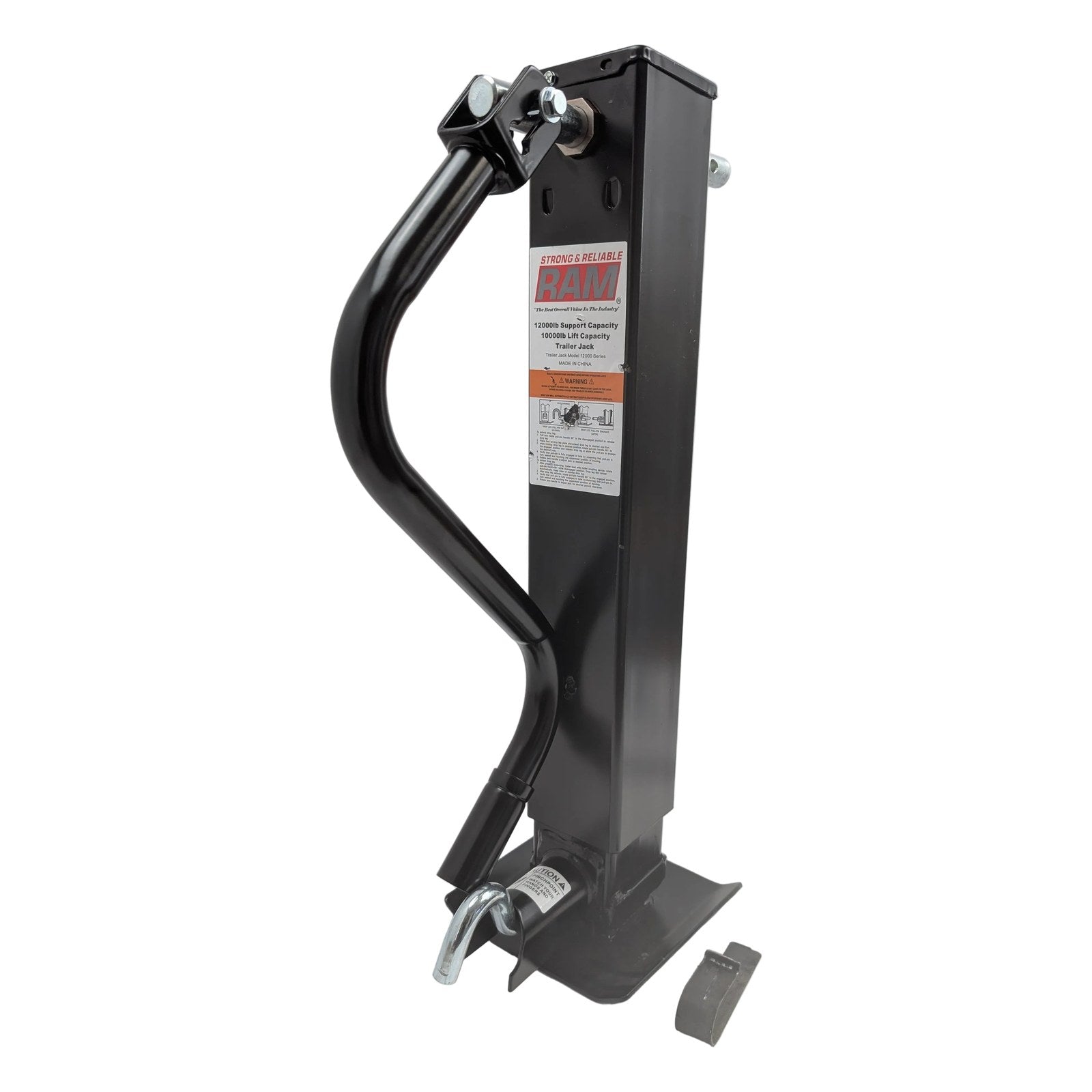 RAM 12,000 lb sidewind drop leg trailer jack – square tube, front 3/4 view with sidewind handle, mounting pin, and weld-on foot plate (657-2404, TJD-12000SP-R2)