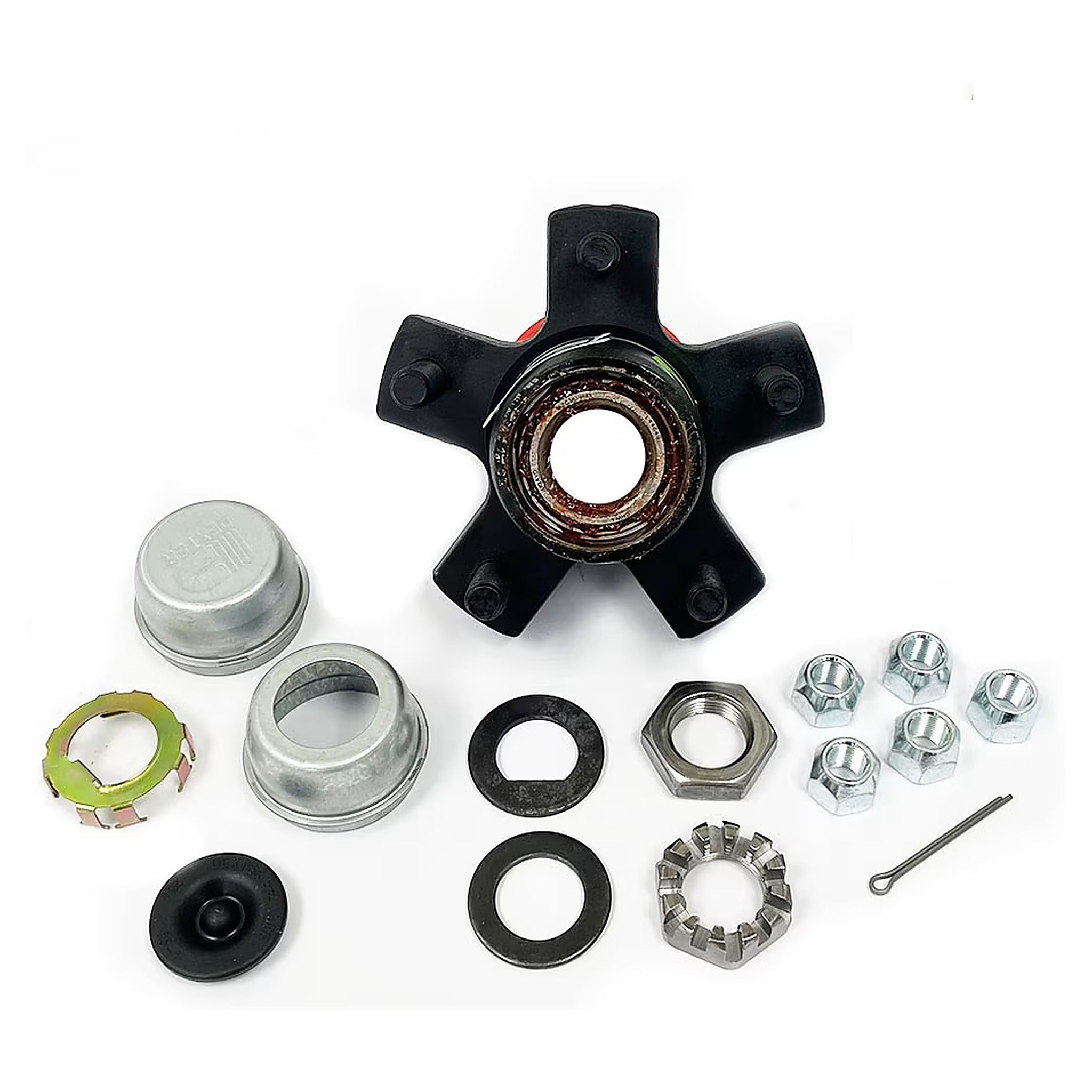 Dexter pre-greased trailer idler hub for 3,500 lb axles, 5 on 4-1/2 inch - complete with bearings, races, grease seal, grease cap, and lug nuts