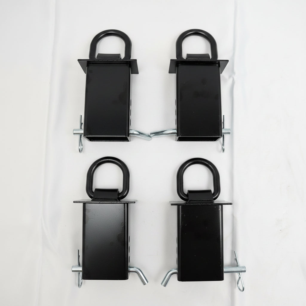 Set of four heavy-duty 5/8-inch forged steel stake pocket D-ring tie-down anchors with hitch pins and cotter pins