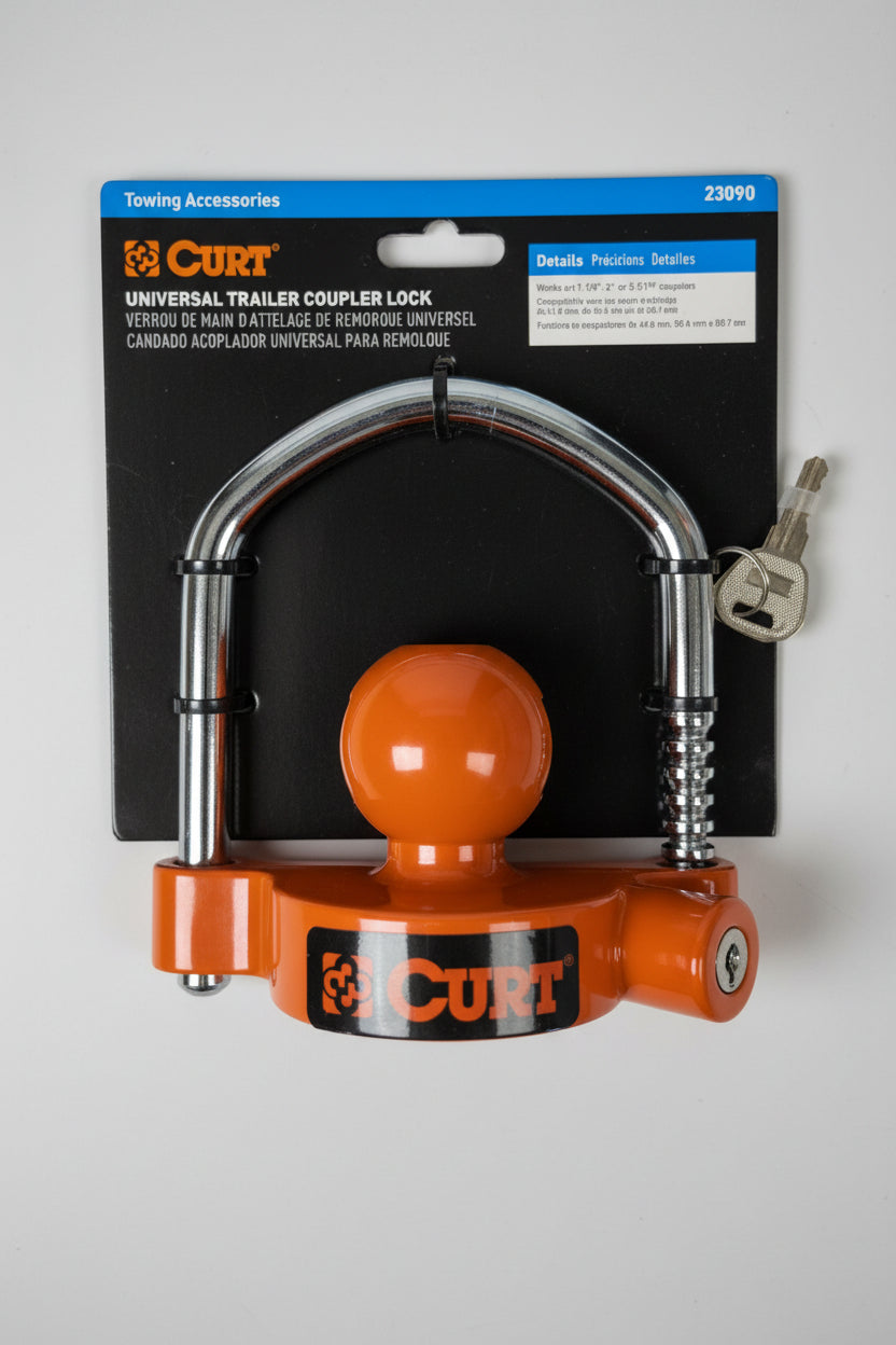 CURT 23090 Universal Trailer Coupler Lock orange chrome U-lock front package view | AAA Trailer