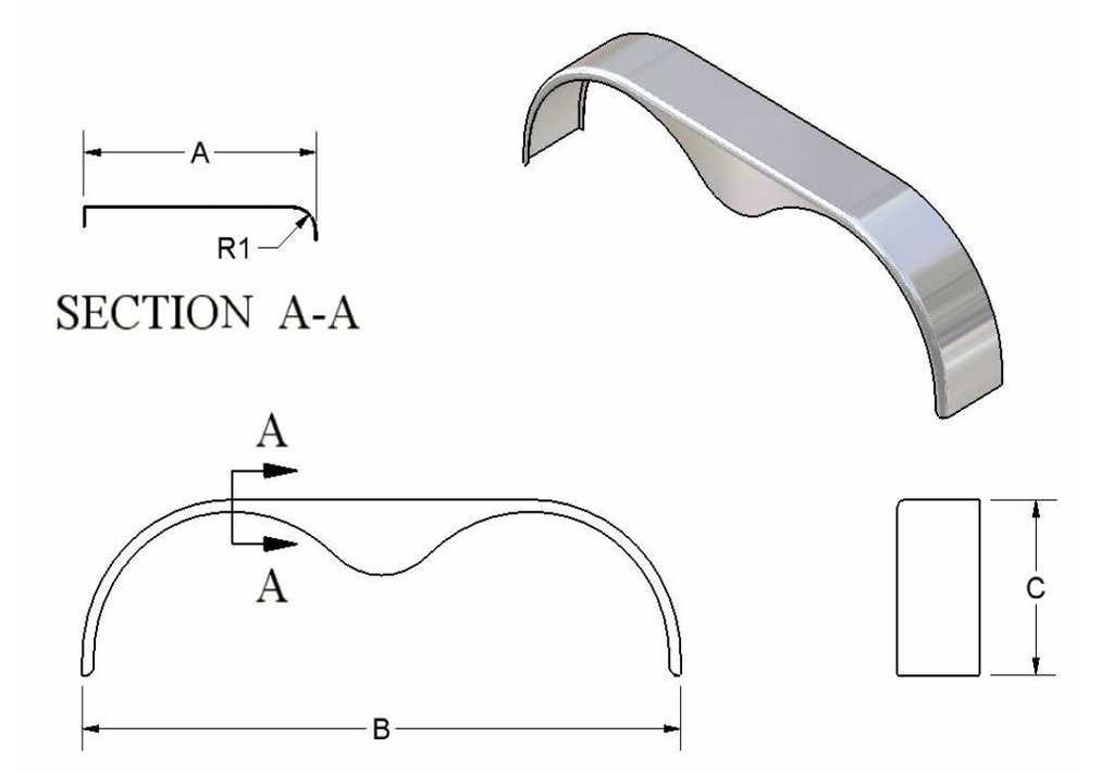 Kampco 6001-16 round steel tandem trailer fender 10-3/4 x 72 with teardrop valance — profile view
