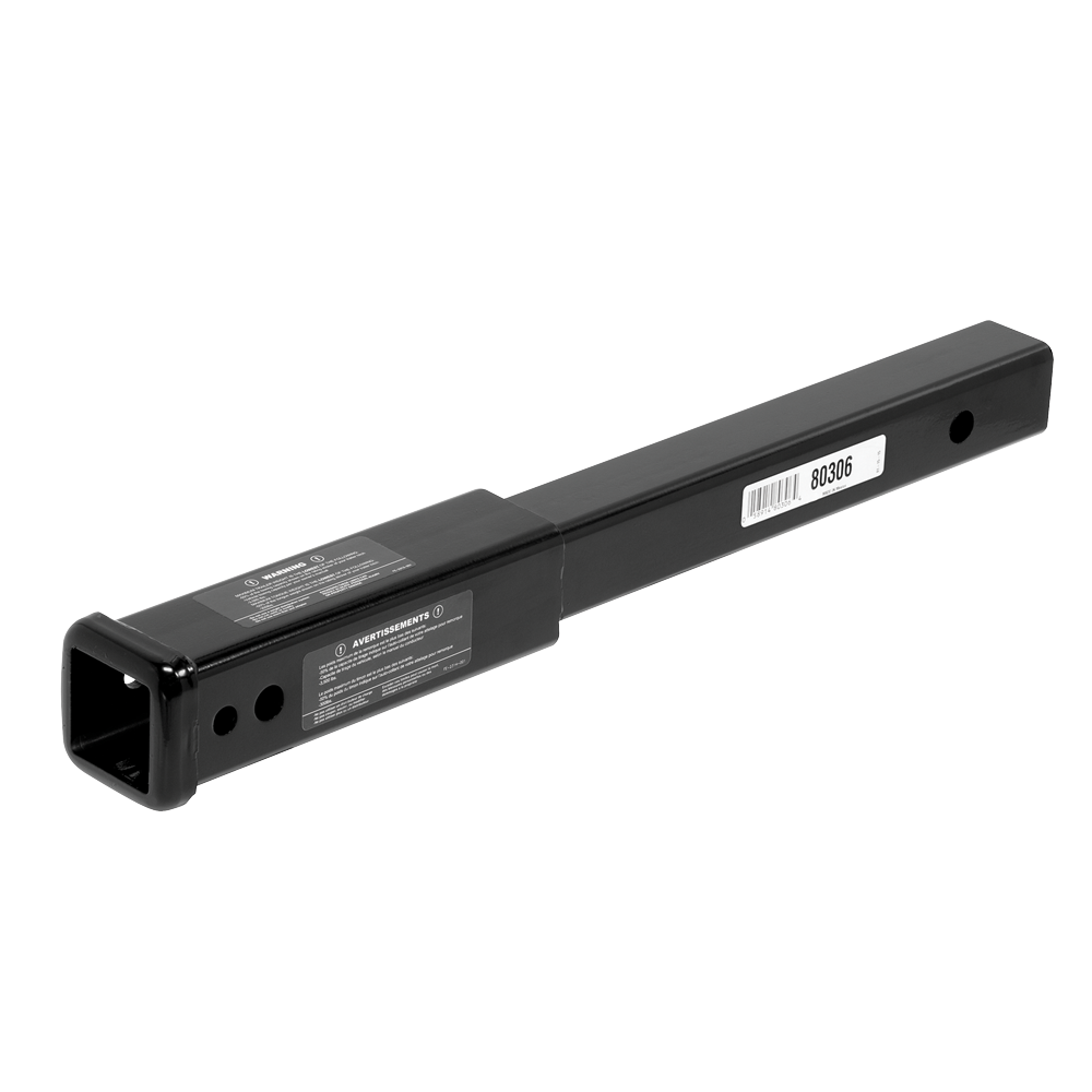 Draw-Tite 80306 trailer hitch extension, 18 inch black powder coated steel bar shown from the receiver-opening end with the 2 inch square tube, warning decals and the 80306 barcode label